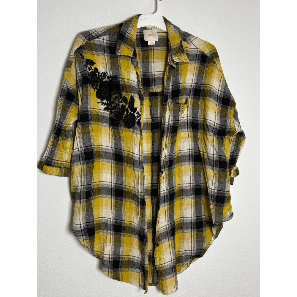 Maeve Anthropologie Yellow Plaid Embroidered Flannel Shirt XS/S Oversized Boho